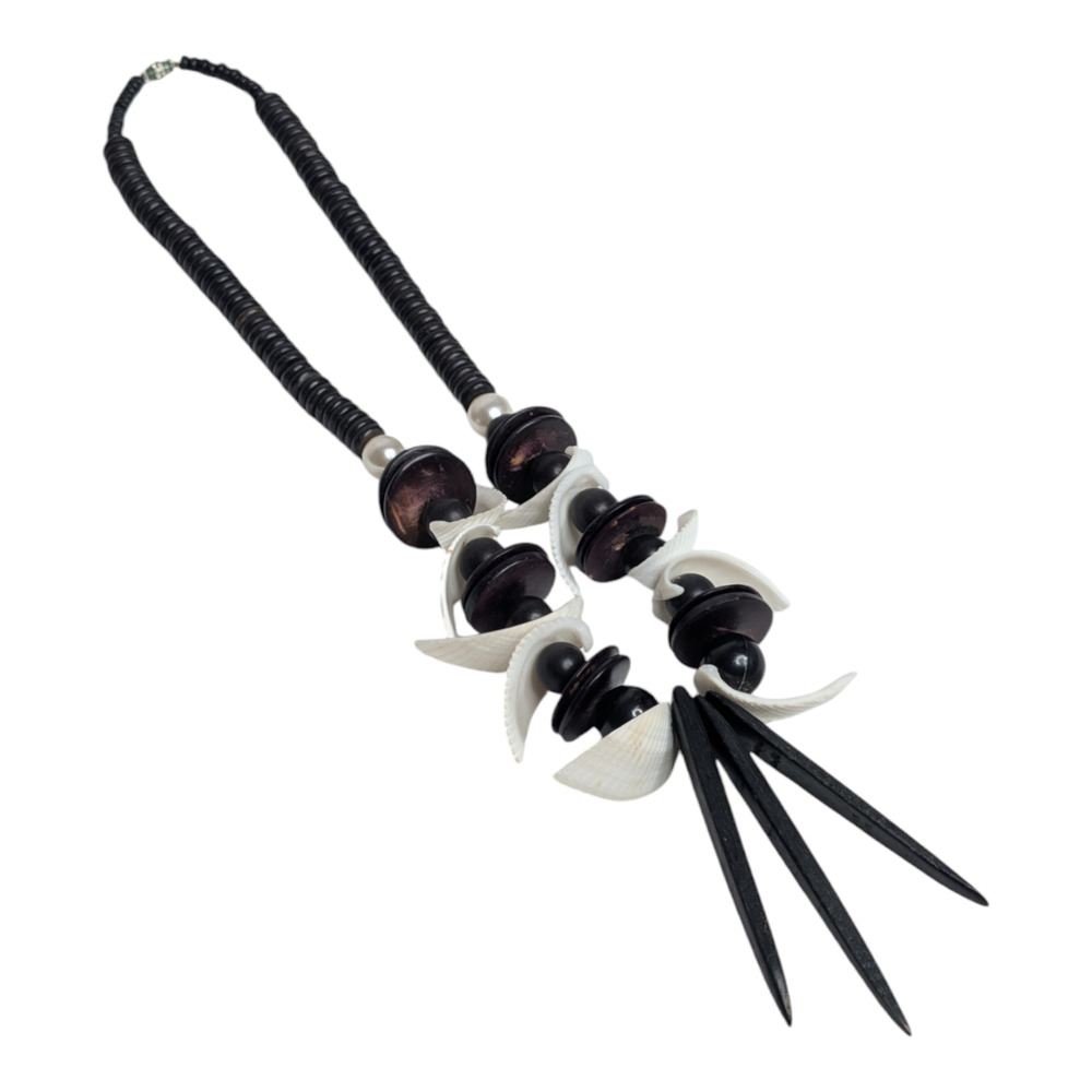 Tribal‎ Statement Necklace 15in Wood Shell Spike Beads Boho Ethnic Black White - Picture 3 of 7